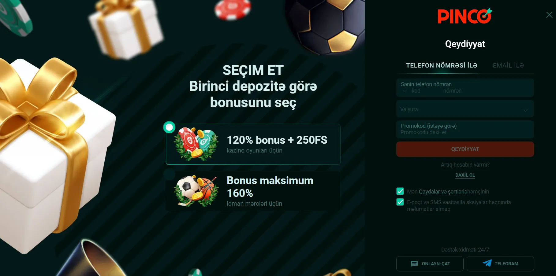 Pinco AZ saytında qeydiyyat və giriş qaydaları