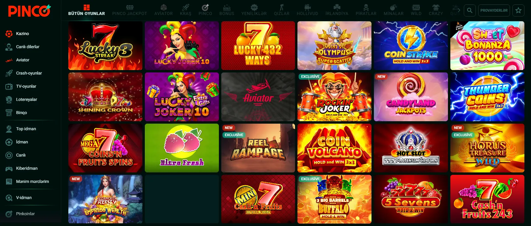 Pinco Casino oyun seçimləri